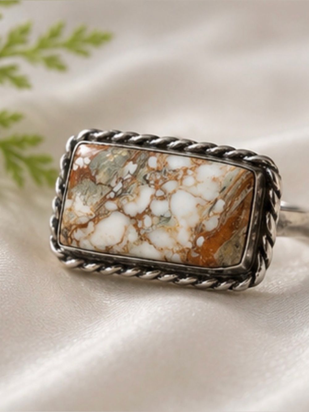 925 Sterling Silver Rectangular White and Brown Marble Stone Ring